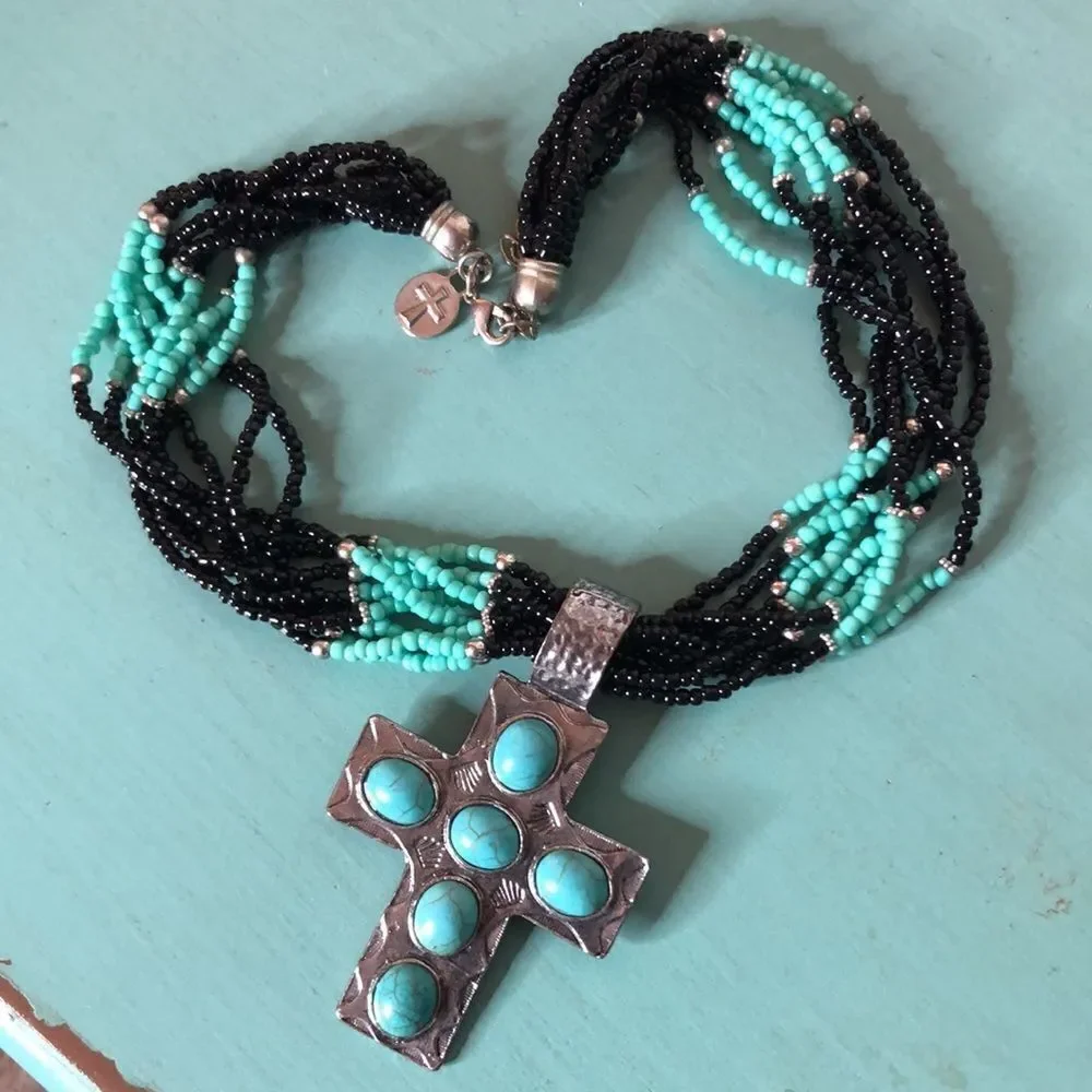 WEST & CO Cross Beaded Faux Turquoise Necklace